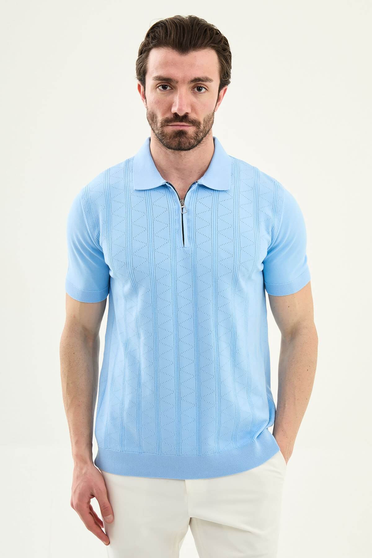 Men’s sky blue textured knit polo shirt with zip collar, slim fit, breathable cotton blend, smart casual summer style