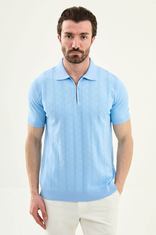 Men’s sky blue textured knit polo shirt with zip collar, slim fit, breathable cotton blend, smart casual summer style