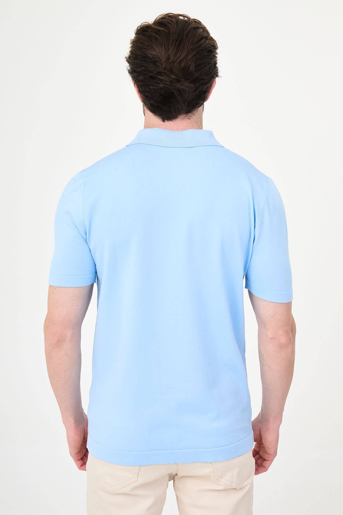 Men’s sky blue slim fit knit polo T-shirt with textured diamond pattern, short sleeves, tailored fit, smart casual style