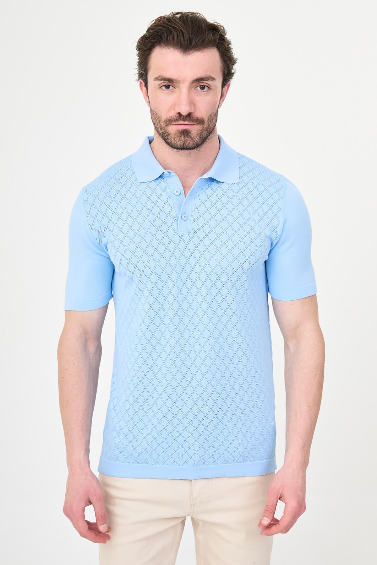 Men’s sky blue slim fit knit polo T-shirt with textured diamond pattern, short sleeves, tailored fit, smart casual style