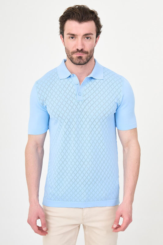 Men’s sky blue slim fit knit polo T-shirt with textured diamond pattern, short sleeves, tailored fit, smart casual style