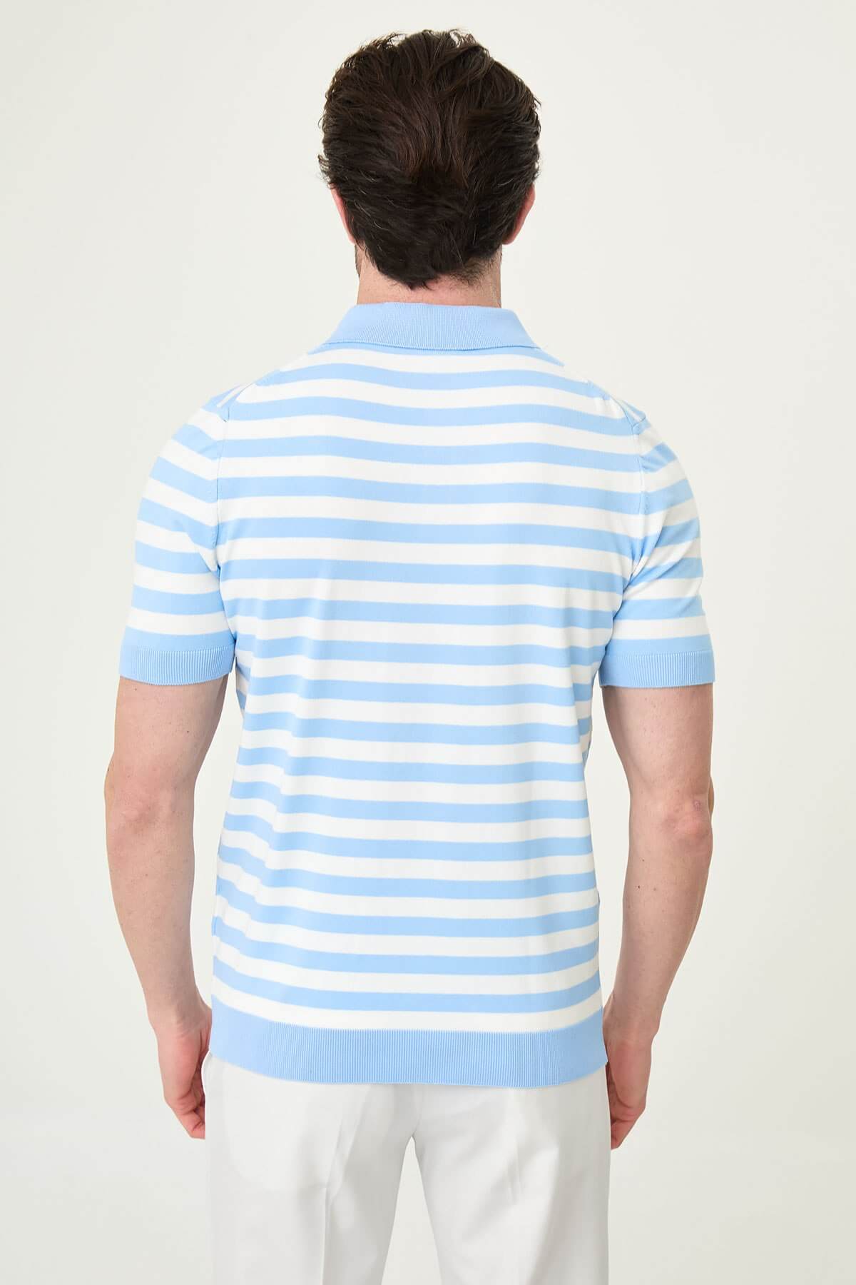 Men’s blue and white striped knit polo shirt with short sleeves, slim fit, breathable cotton fabric, stylish smart casual summer outfit