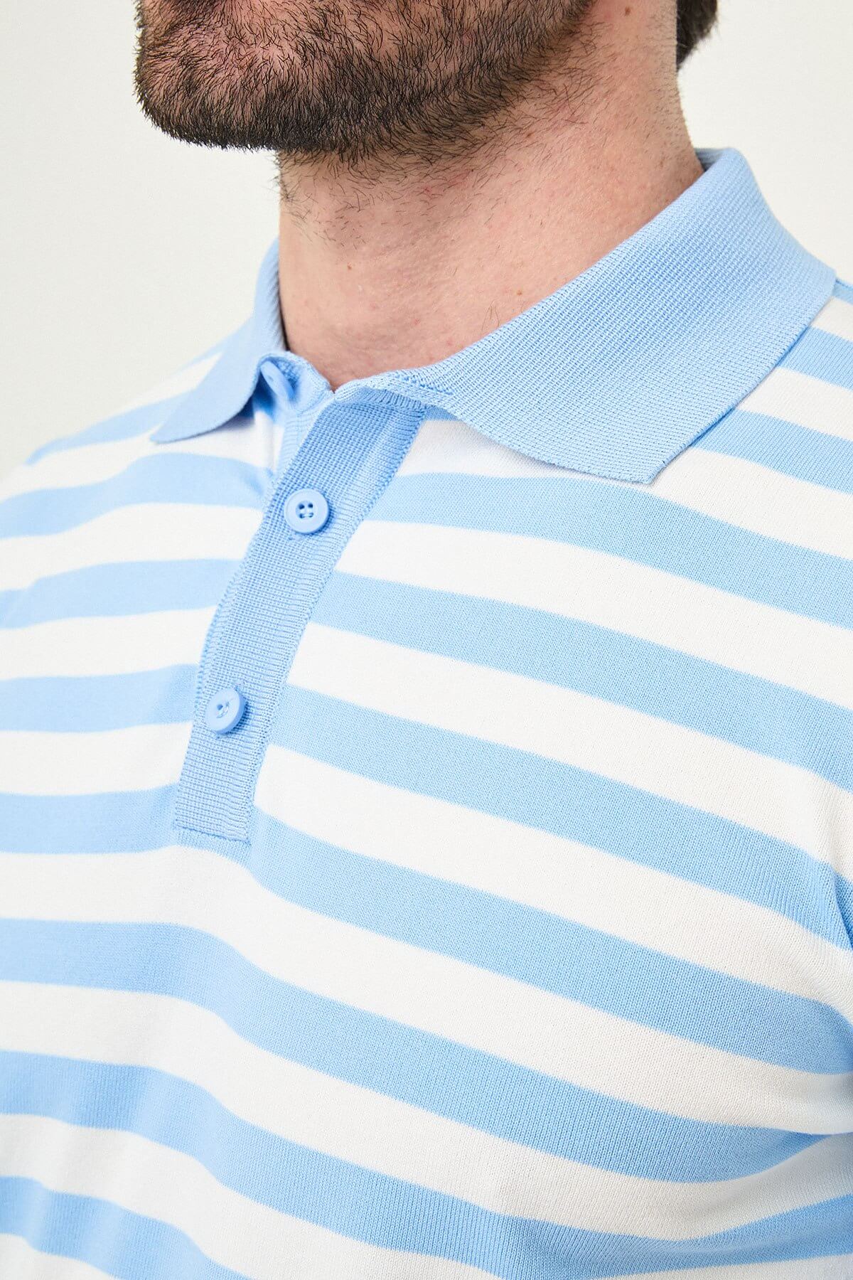 Men’s blue and white striped knit polo shirt with short sleeves, slim fit, breathable cotton fabric, stylish smart casual summer outfit