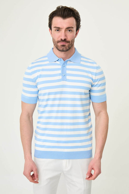 Men’s blue and white striped knit polo shirt with short sleeves, slim fit, breathable cotton fabric, stylish smart casual summer outfit