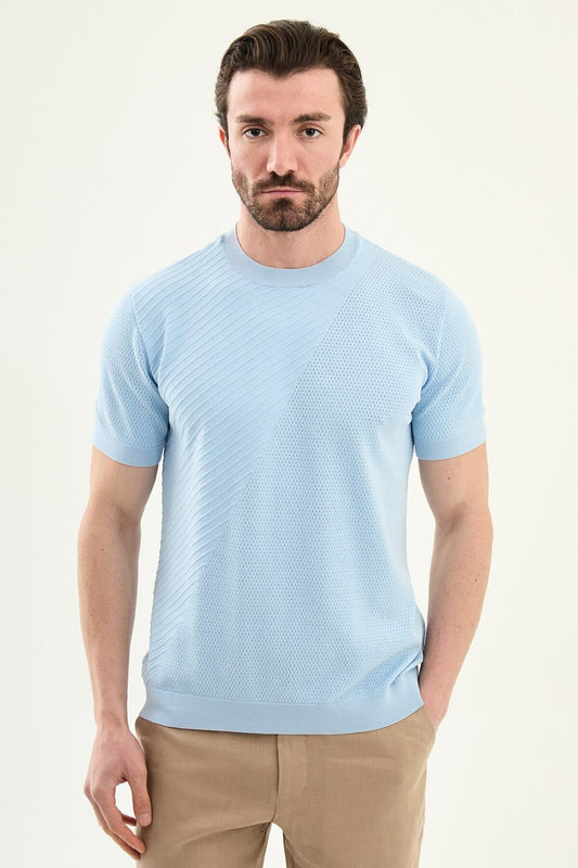 Men’s blue slim fit textured crew neck T-shirt with diagonal knit detail, short sleeves, modern casual style