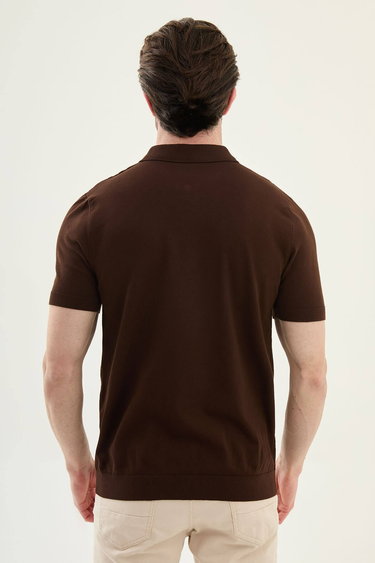 Men’s dark brown textured knit polo shirt with zip collar, slim fit, breathable cotton blend, smart casual style