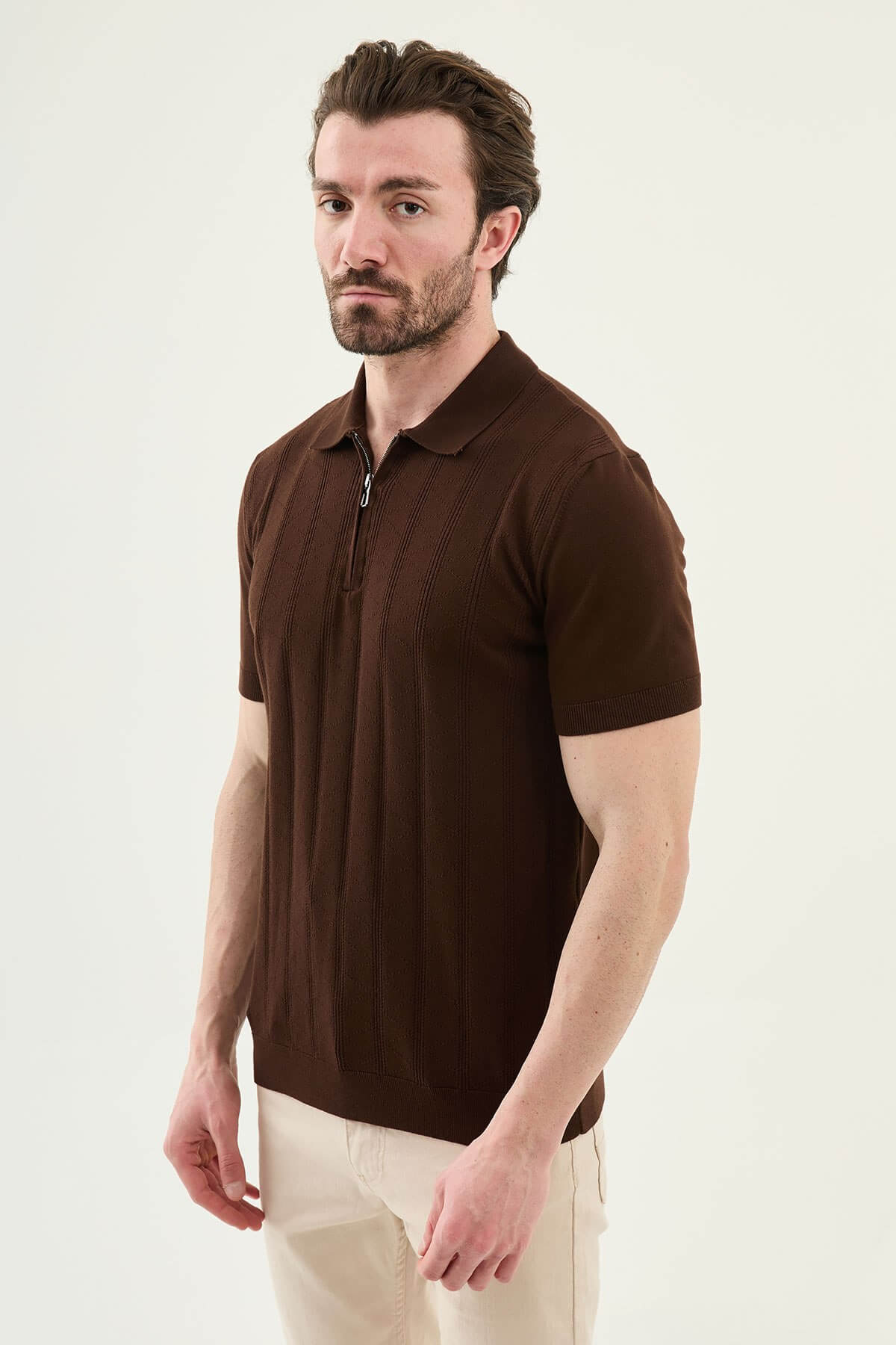 Men’s dark brown textured knit polo shirt with zip collar, slim fit, breathable cotton blend, smart casual style