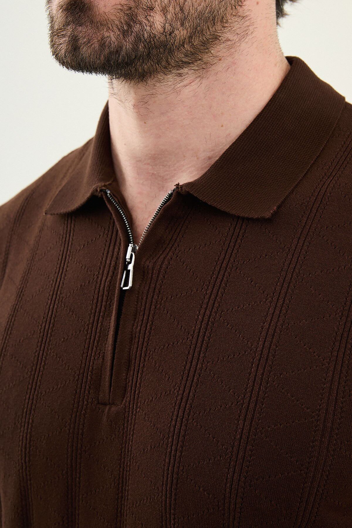 Men’s dark brown textured knit polo shirt with zip collar, slim fit, breathable cotton blend, smart casual style