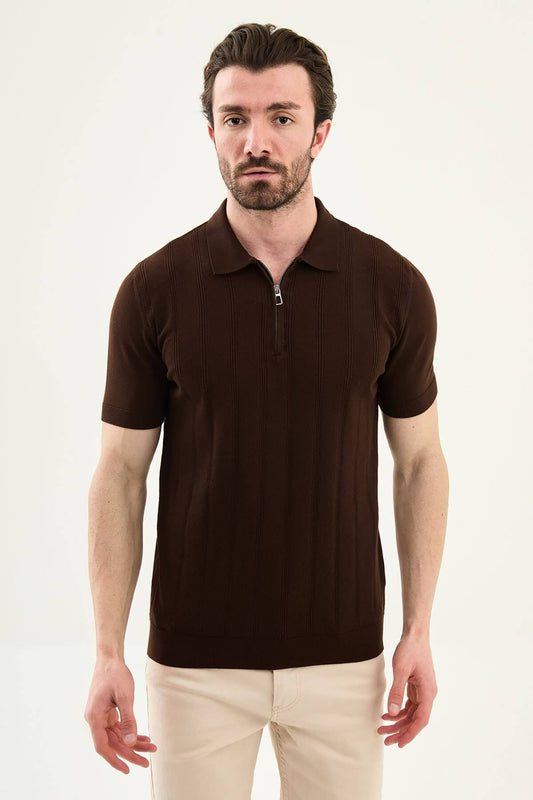Men’s dark brown textured knit polo shirt with zip collar, slim fit, breathable cotton blend, smart casual style