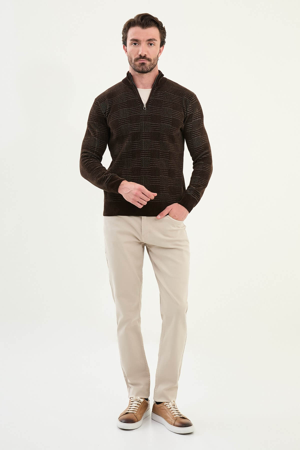 AXIST brown geometric knit quarter-zip sweater with slim fit cut
