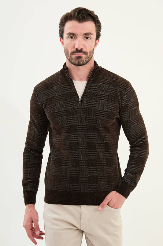 AXIST brown geometric knit quarter-zip sweater with slim fit cut