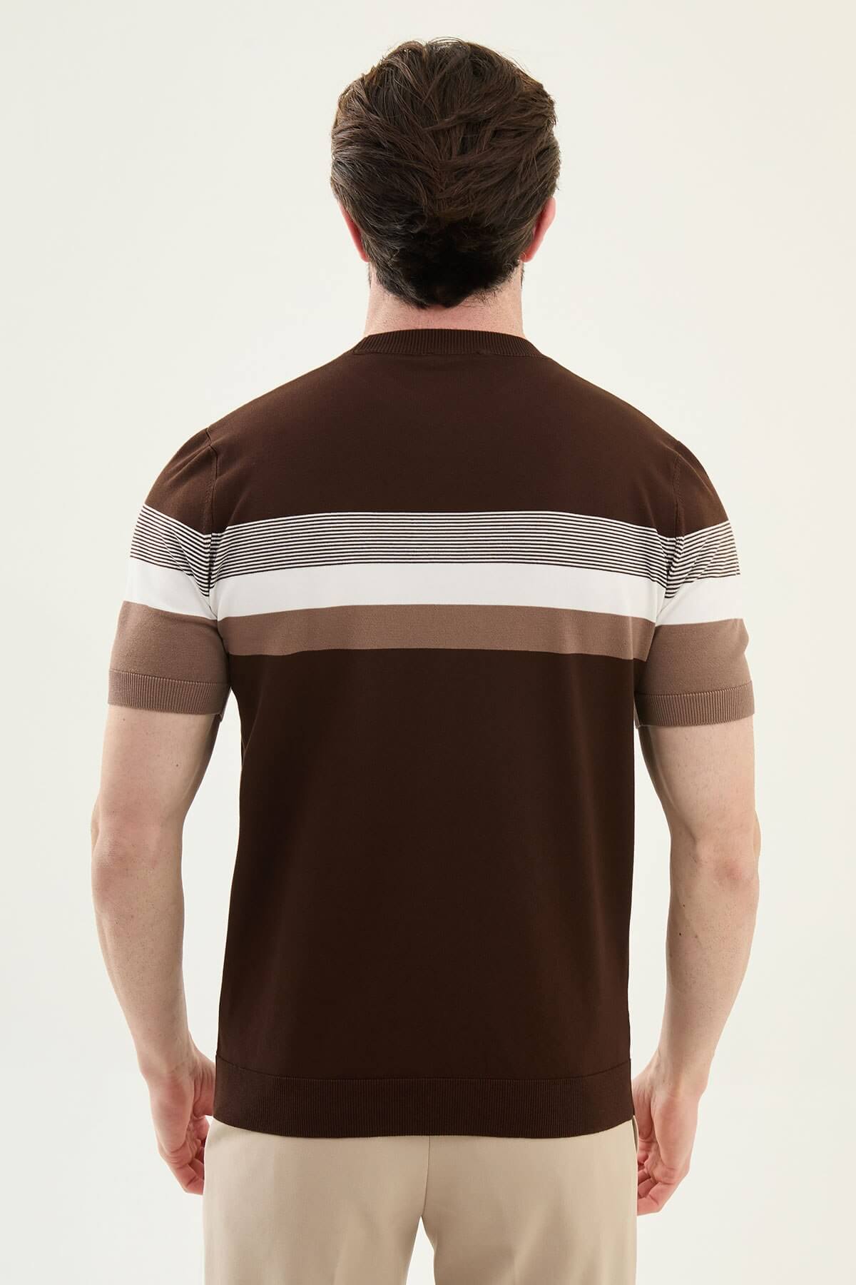 Men’s brown slim fit striped knit t-shirt with white and beige horizontal stripes modern smart casual style