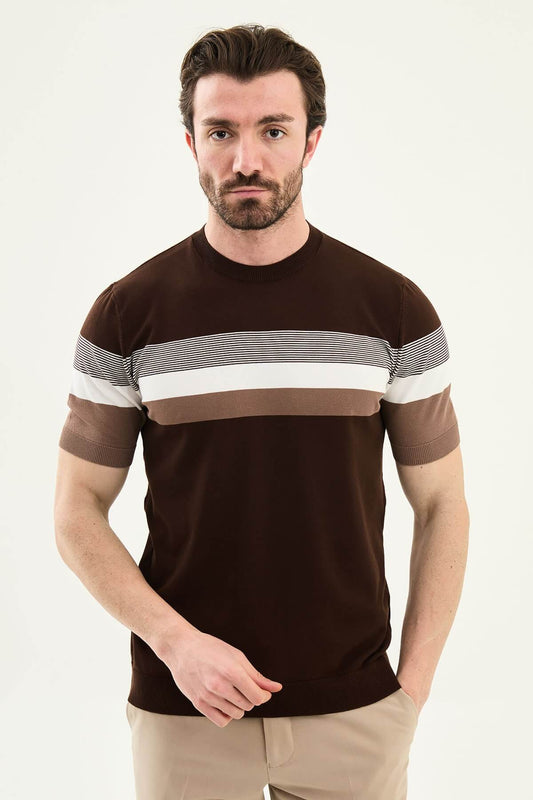 Men’s brown slim fit striped knit t-shirt with white and beige horizontal stripes modern smart casual style