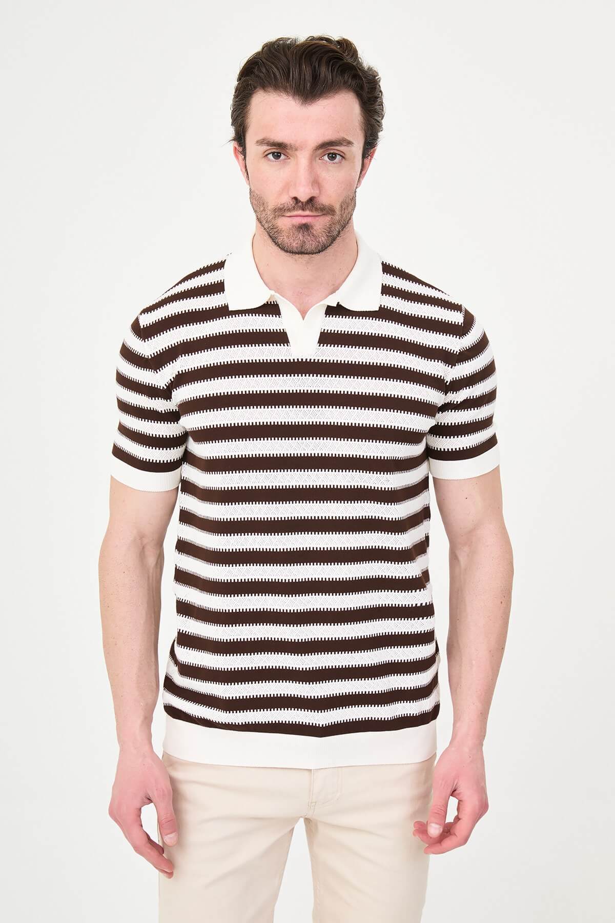Men’s brown slim fit knitwear polo T-shirt with lapel collar, styled for smart-casual summer fashion.