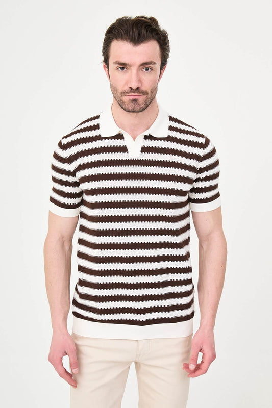 Men’s brown slim fit knitwear polo T-shirt with lapel collar, styled for smart-casual summer fashion.