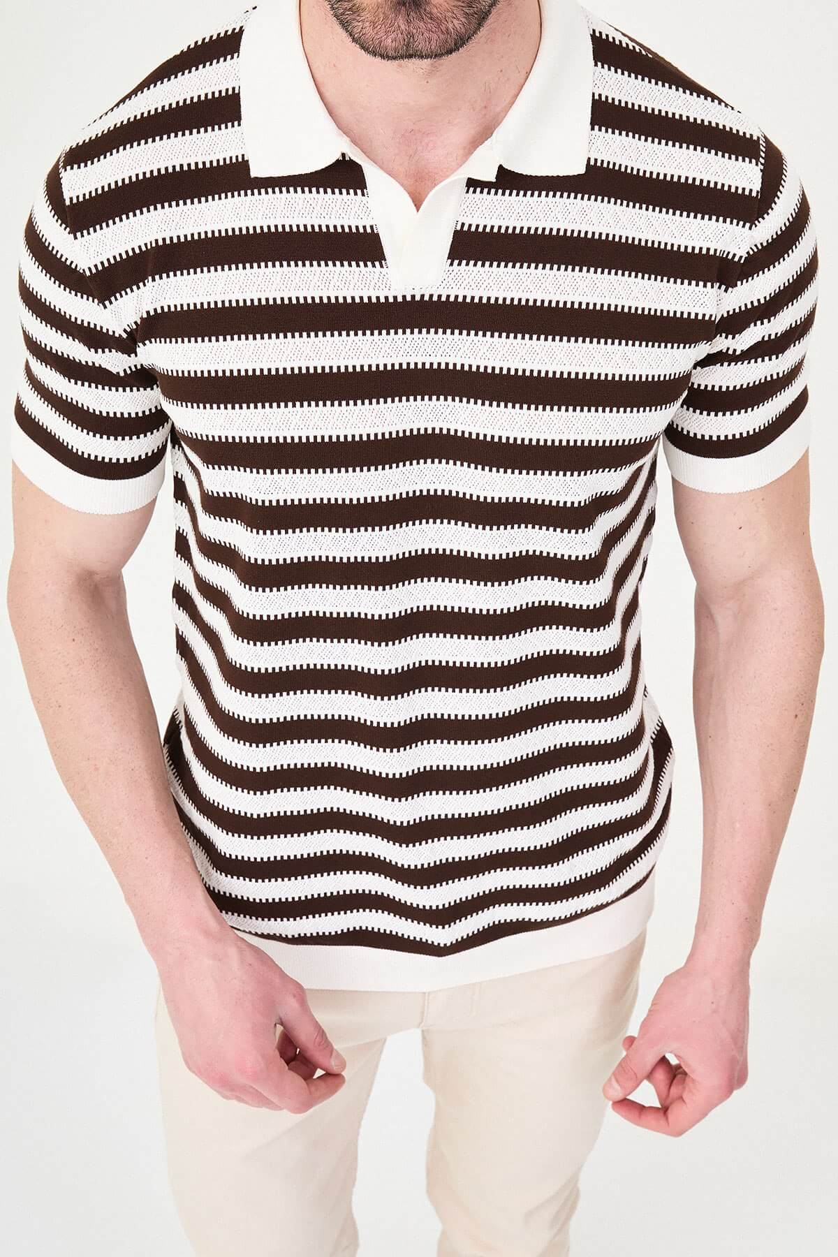 Men’s brown slim fit knitwear polo T-shirt with lapel collar, styled for smart-casual summer fashion.