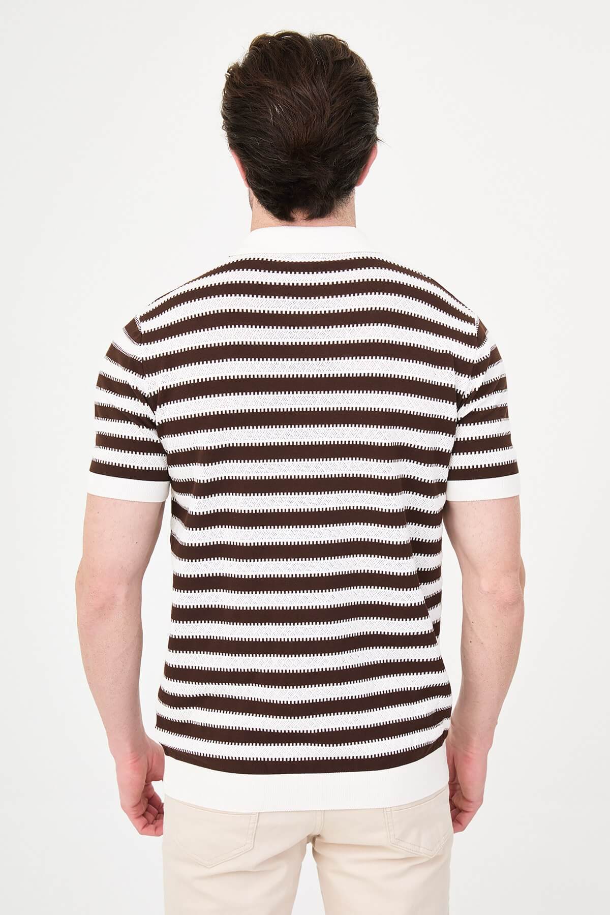 Men’s brown slim fit knitwear polo T-shirt with lapel collar, styled for smart-casual summer fashion.