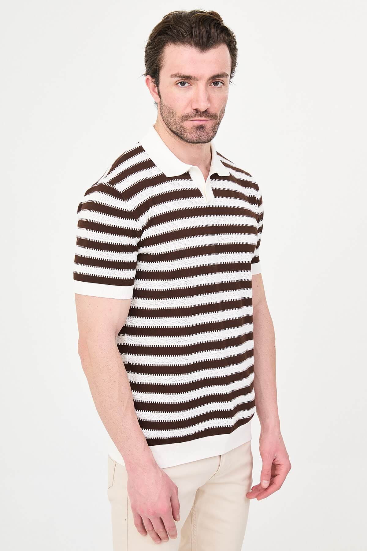 Men’s brown slim fit knitwear polo T-shirt with lapel collar, styled for smart-casual summer fashion.