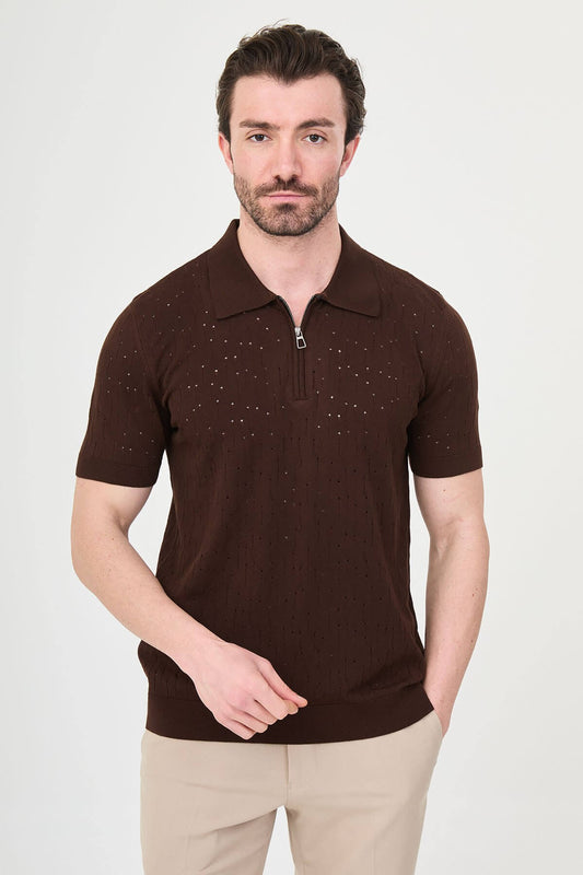 Men’s brown slim fit polo collar zippered knit t-shirt with short sleeves, breathable viscose stretch fabric, smart casual style