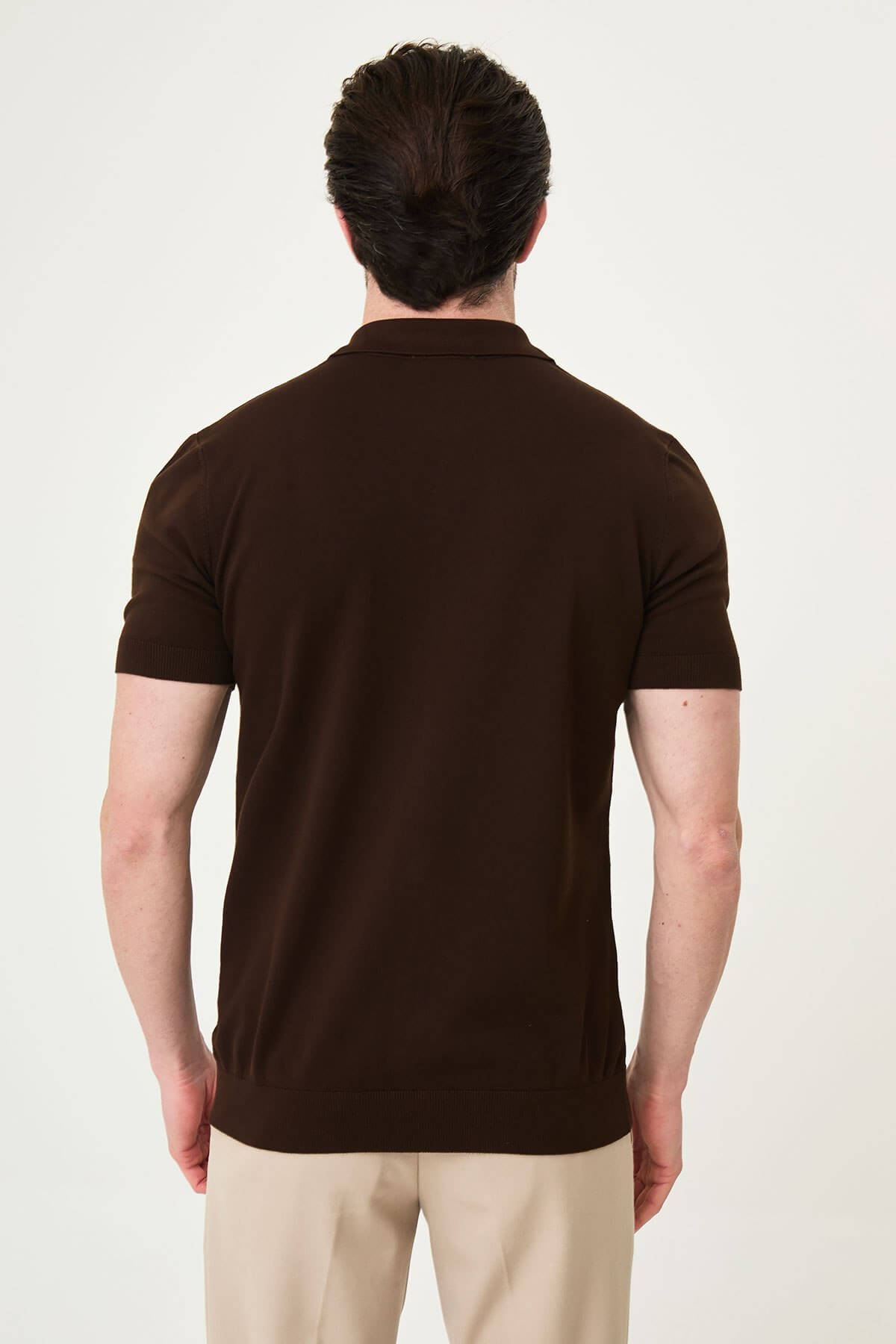 Men’s brown slim fit short sleeve knitwear shirt with button-up front, soft viscose fabric, modern smart casual style