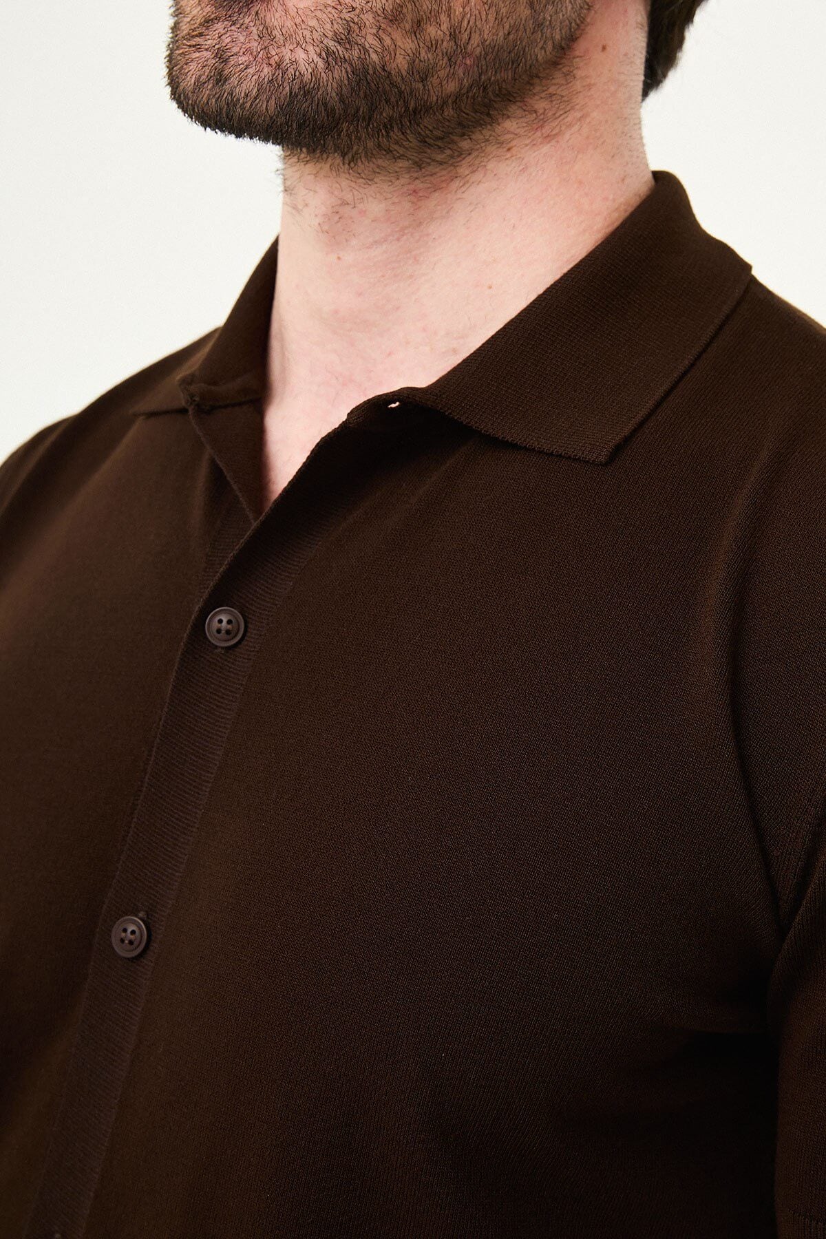 Men’s brown slim fit short sleeve knitwear shirt with button-up front, soft viscose fabric, modern smart casual style