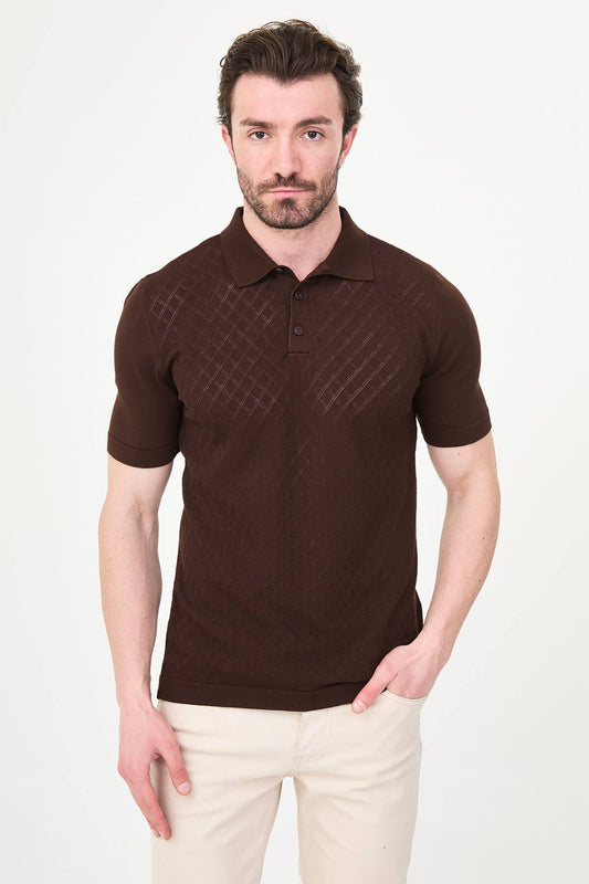 Men’s brown slim fit knit polo T-shirt with textured diamond pattern, short sleeves, tailored fit, smart casual style