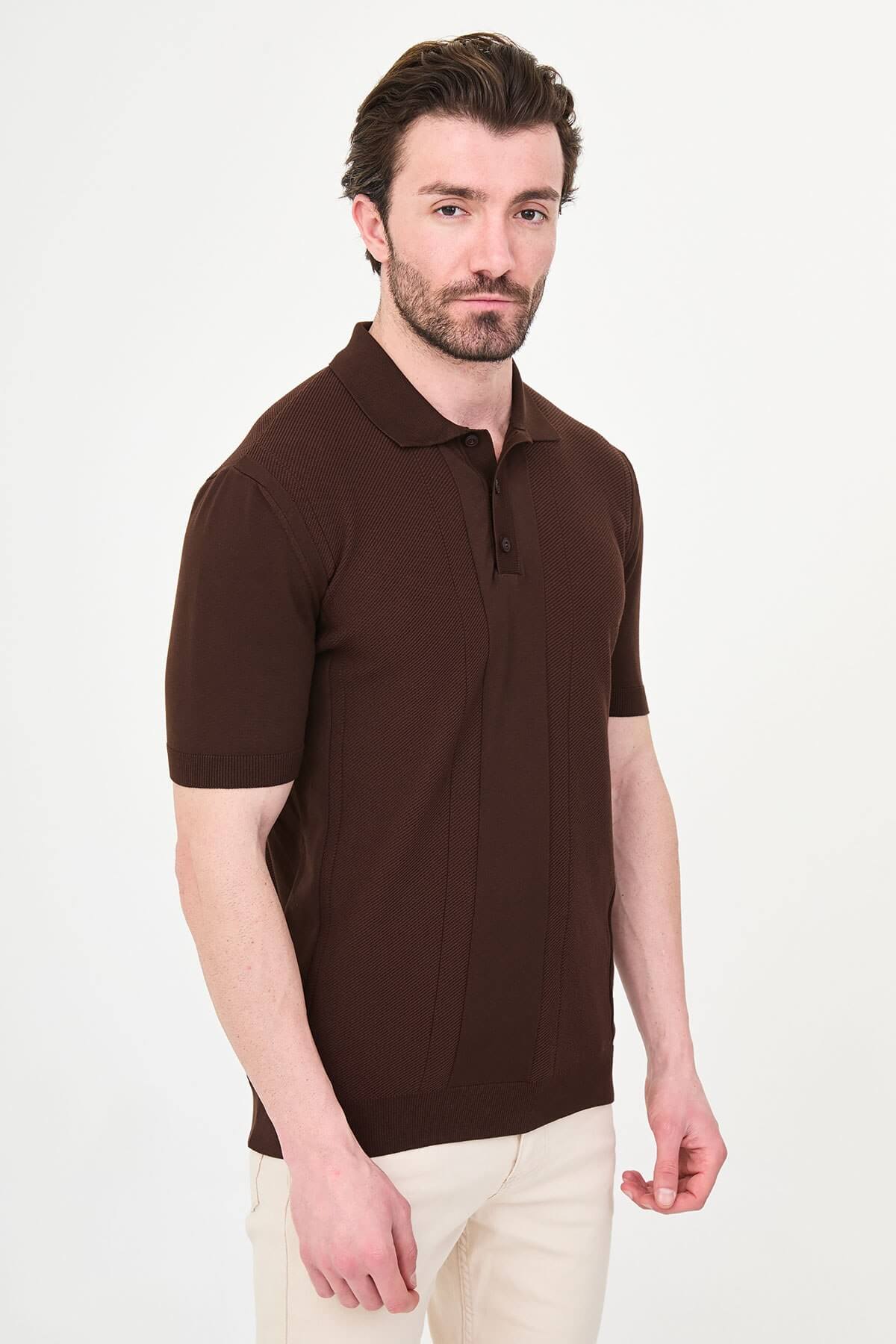 Men's Brown Slim Fit Textured Knit Polo T-Shirt – HolloMen