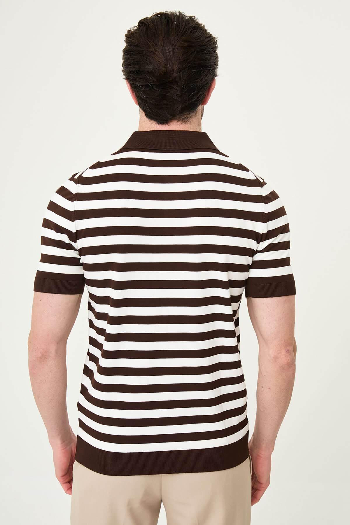 Men’s brown and white striped knit polo shirt with short sleeves, slim fit, breathable cotton fabric, smart casual summer outfit
