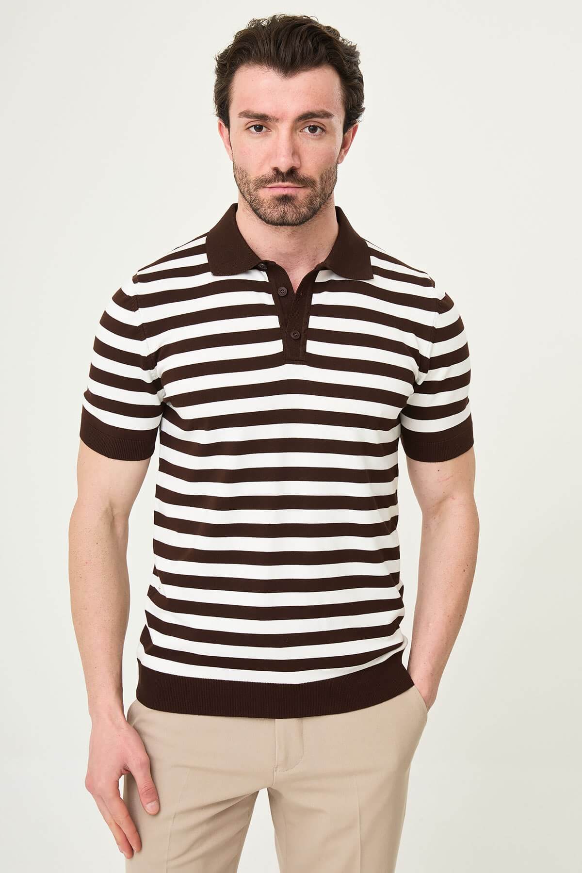 Men’s brown and white striped knit polo shirt with short sleeves, slim fit, breathable cotton fabric, smart casual summer outfit