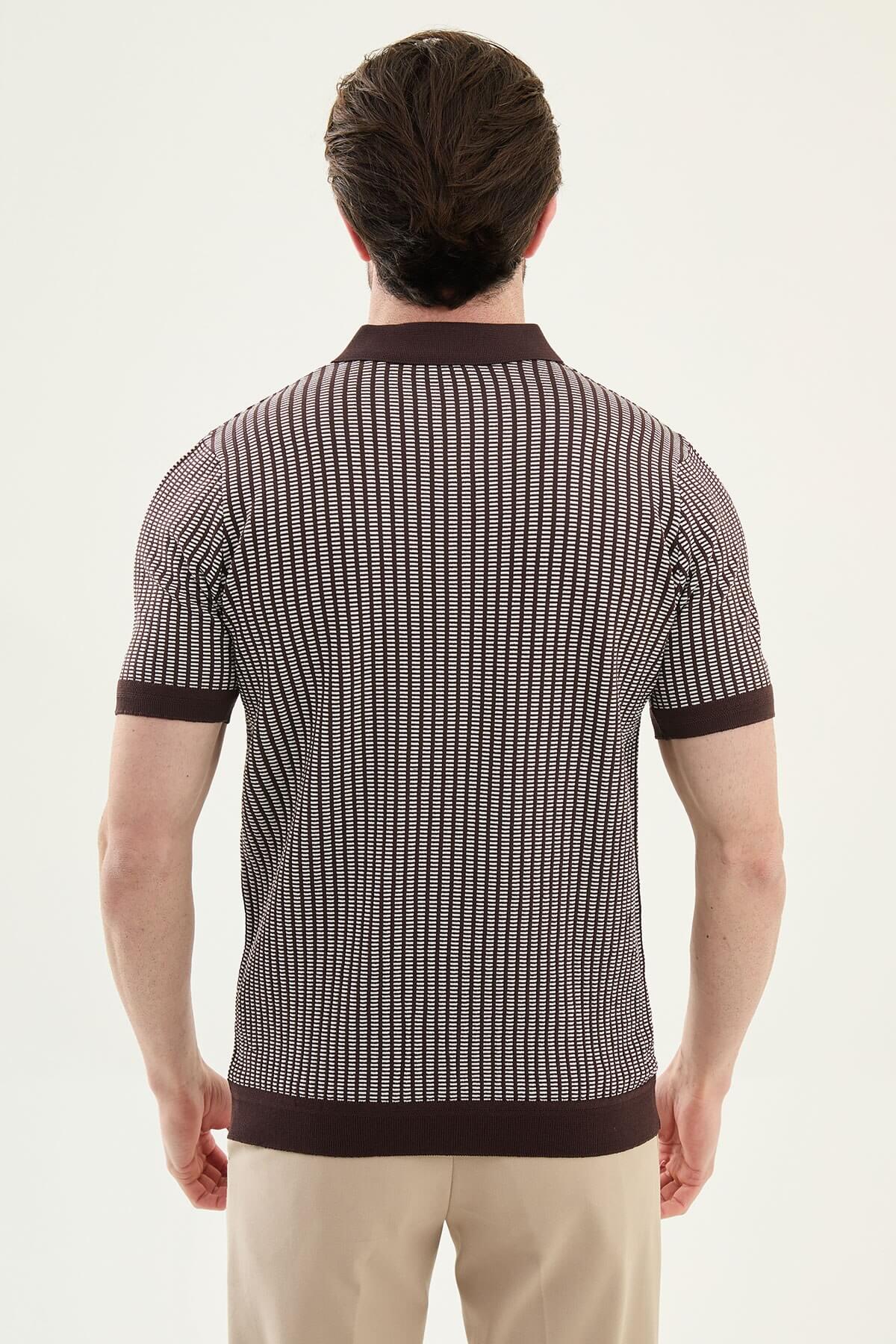 Men’s brown slim fit patterned knit polo shirt with textured design and contrast collar smart casual style