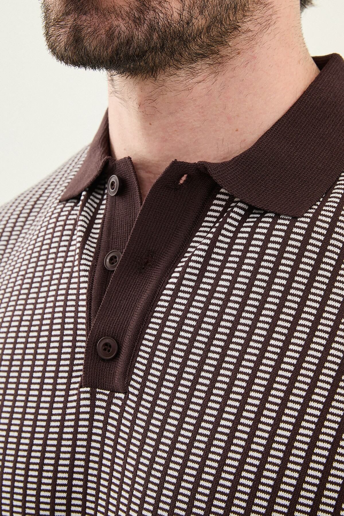 Men’s brown slim fit patterned knit polo shirt with textured design and contrast collar smart casual style