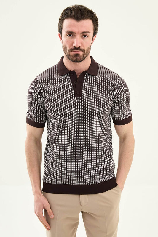 Men’s brown slim fit patterned knit polo shirt with textured design and contrast collar smart casual style