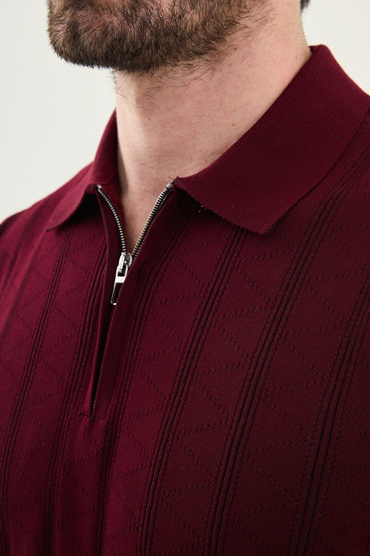 Men's Burgundy Textured Zip Collar Knit Polo Shirt. – HolloMen