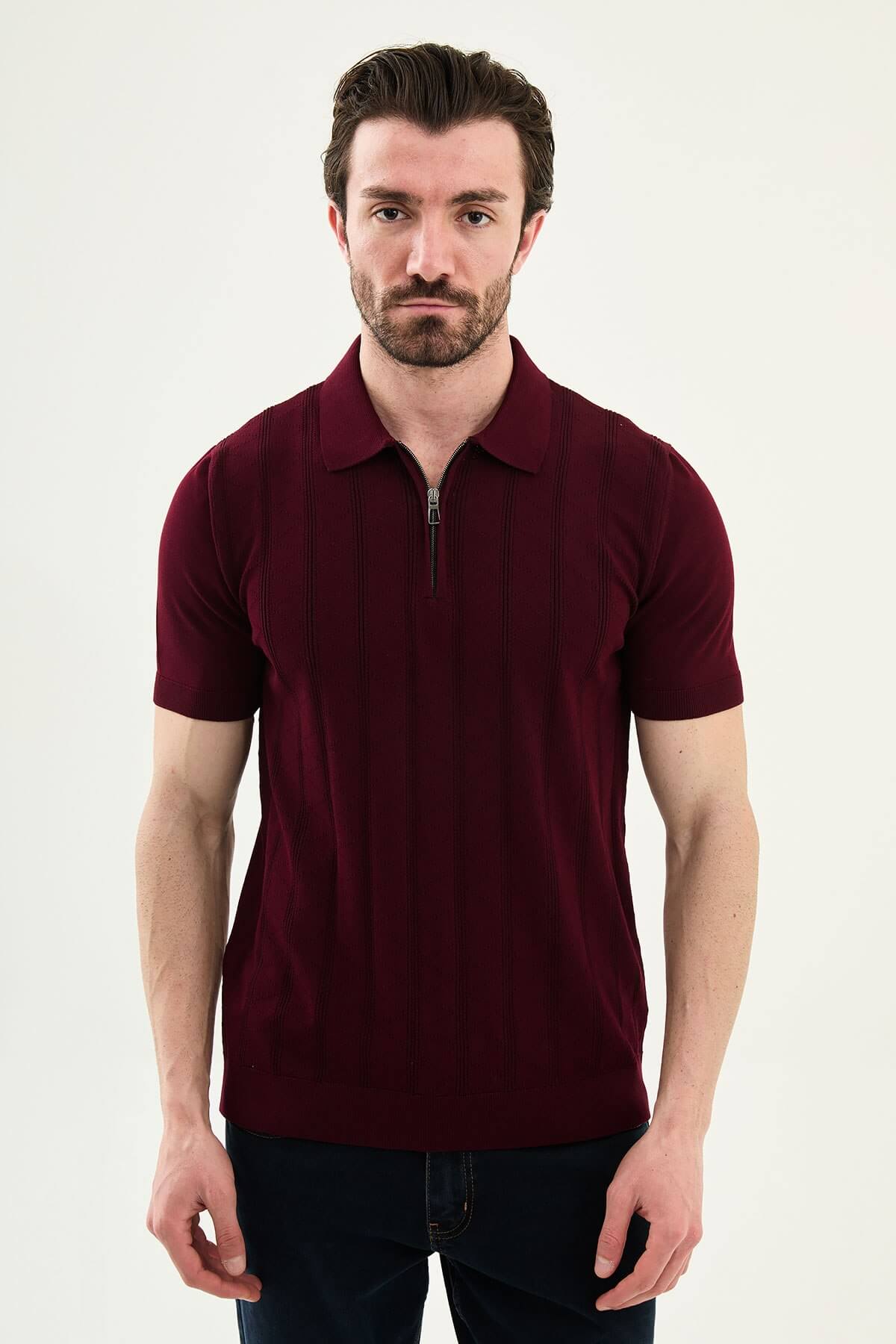 Men’s burgundy textured knit polo shirt with zip collar, slim fit, breathable cotton blend, smart casual style