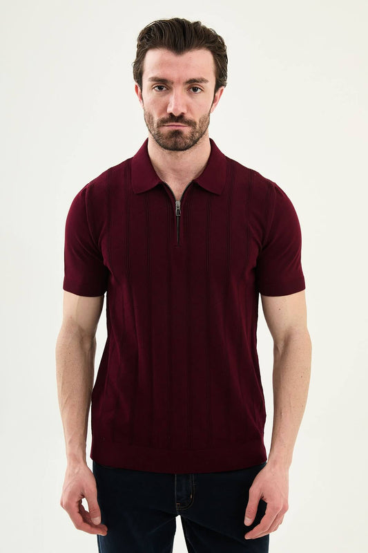 Men’s burgundy textured knit polo shirt with zip collar, slim fit, breathable cotton blend, smart casual style
