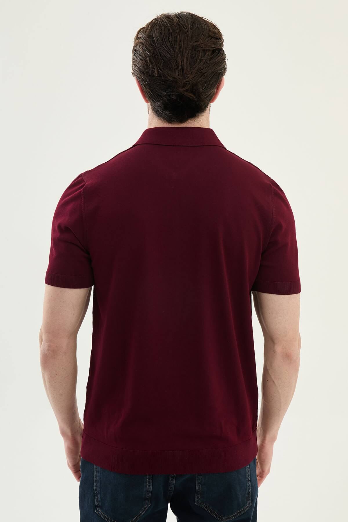 Men’s burgundy textured knit polo shirt with zip collar, slim fit, breathable cotton blend, smart casual style