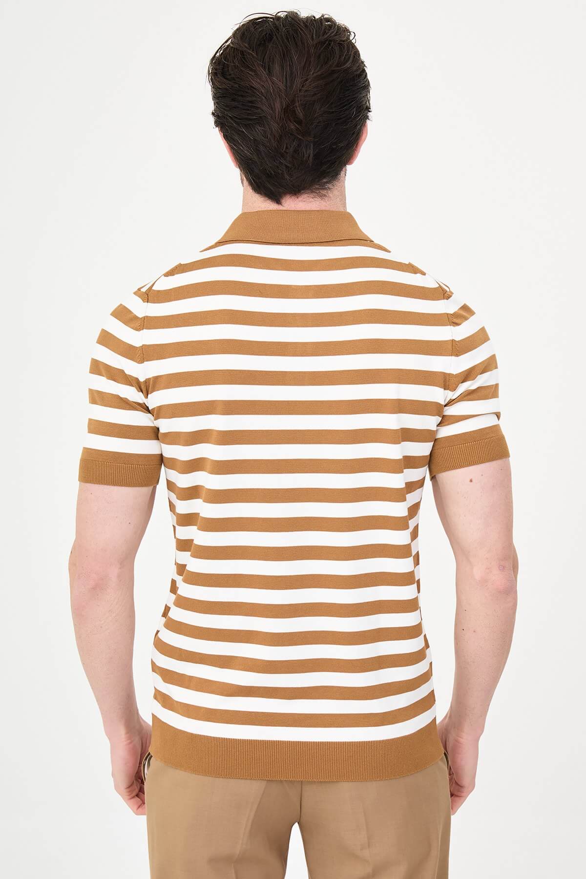 Men’s camel and white striped knit polo shirt with short sleeves, slim fit, breathable cotton fabric, smart casual summer outfit
