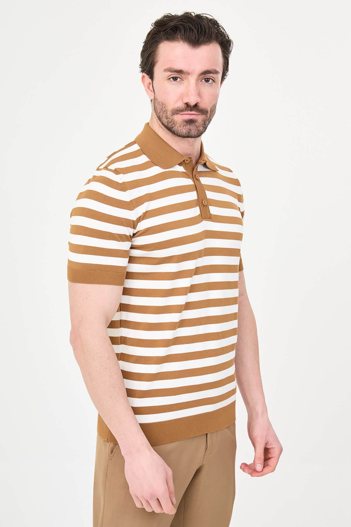 Men’s camel and white striped knit polo shirt with short sleeves, slim fit, breathable cotton fabric, smart casual summer outfit
