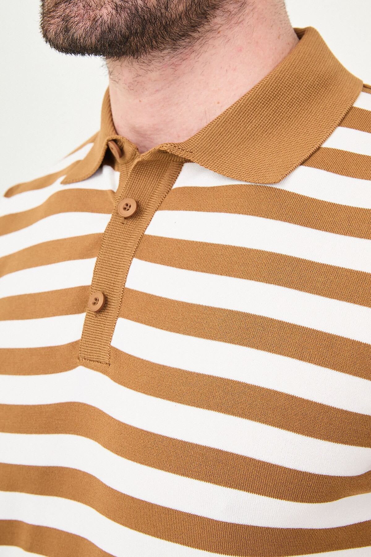 Men’s camel and white striped knit polo shirt with short sleeves, slim fit, breathable cotton fabric, smart casual summer outfit