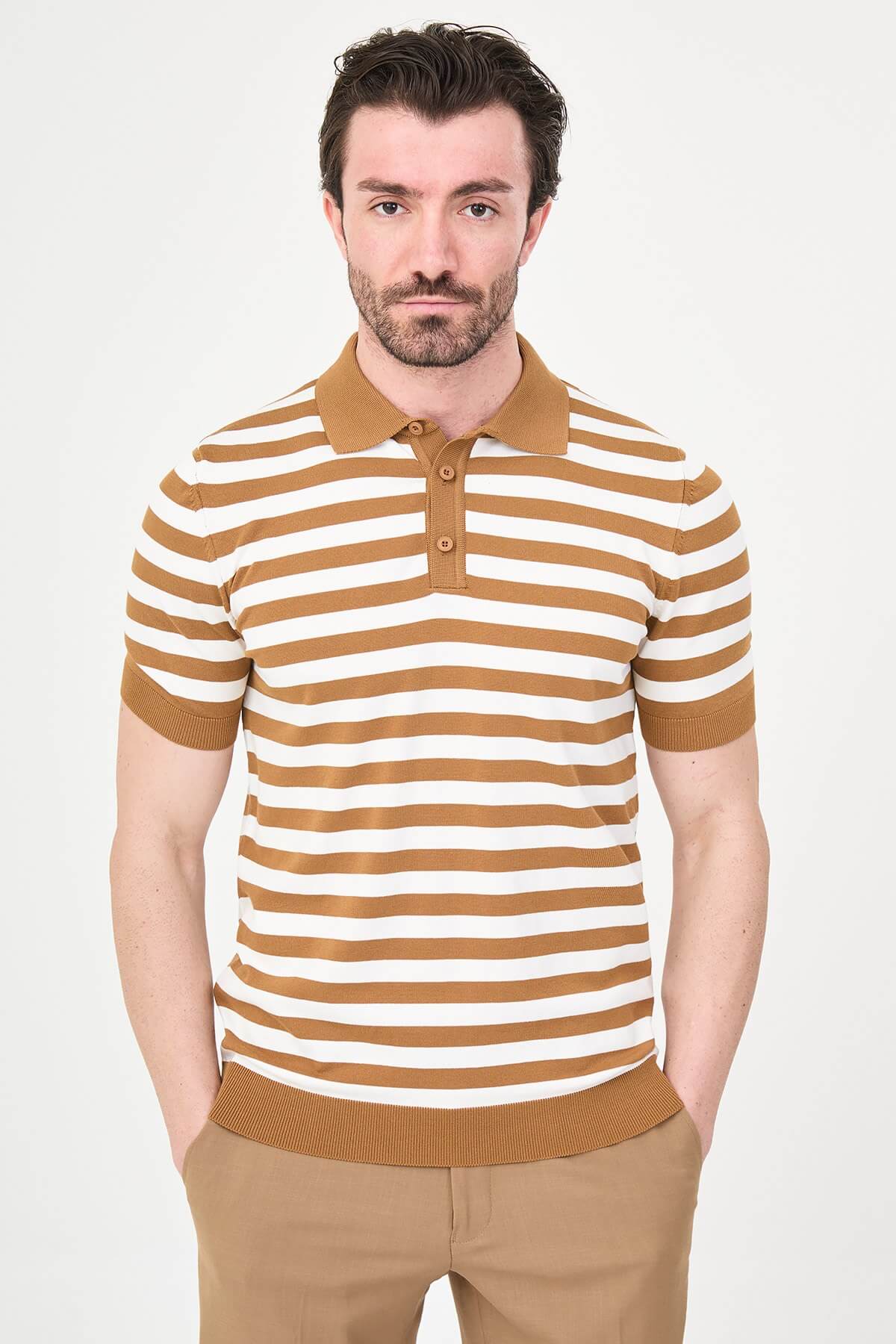 Men’s camel and white striped knit polo shirt with short sleeves, slim fit, breathable cotton fabric, smart casual summer outfit