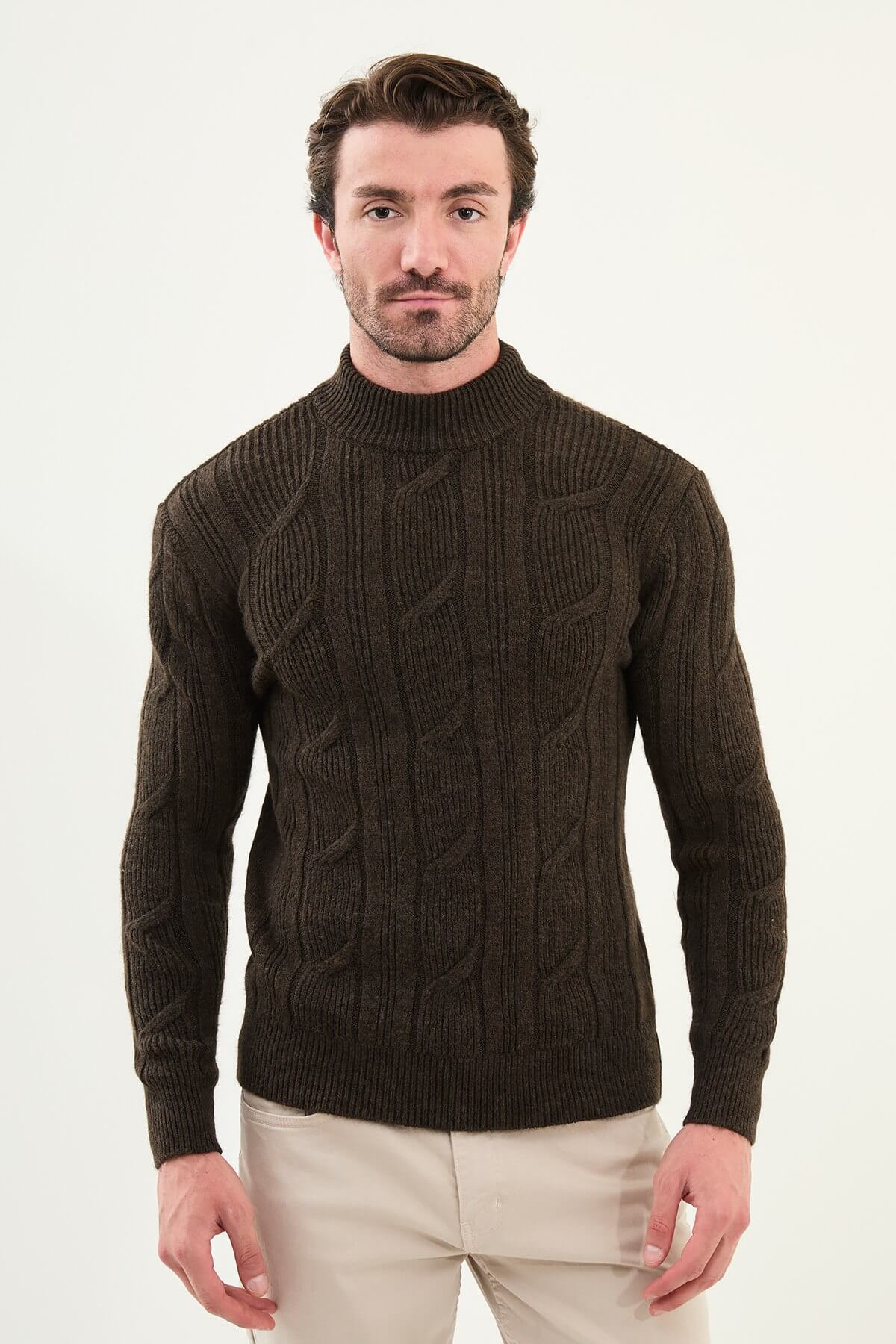 AXIST dark brown slim fit cable-knit mock neck sweater
