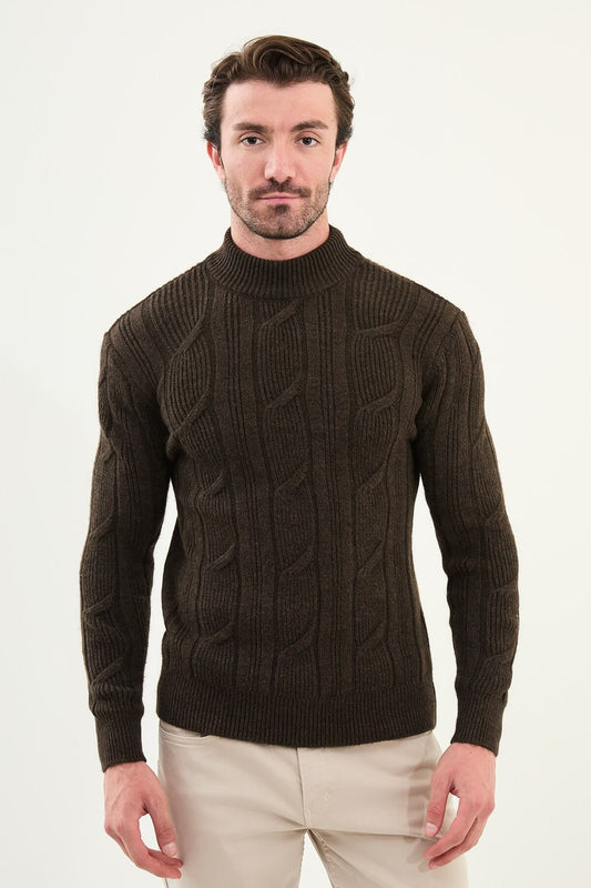 AXIST dark brown slim fit cable-knit mock neck sweater