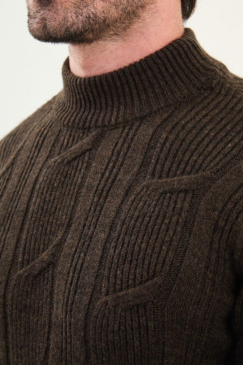 AXIST dark brown slim fit cable-knit mock neck sweater