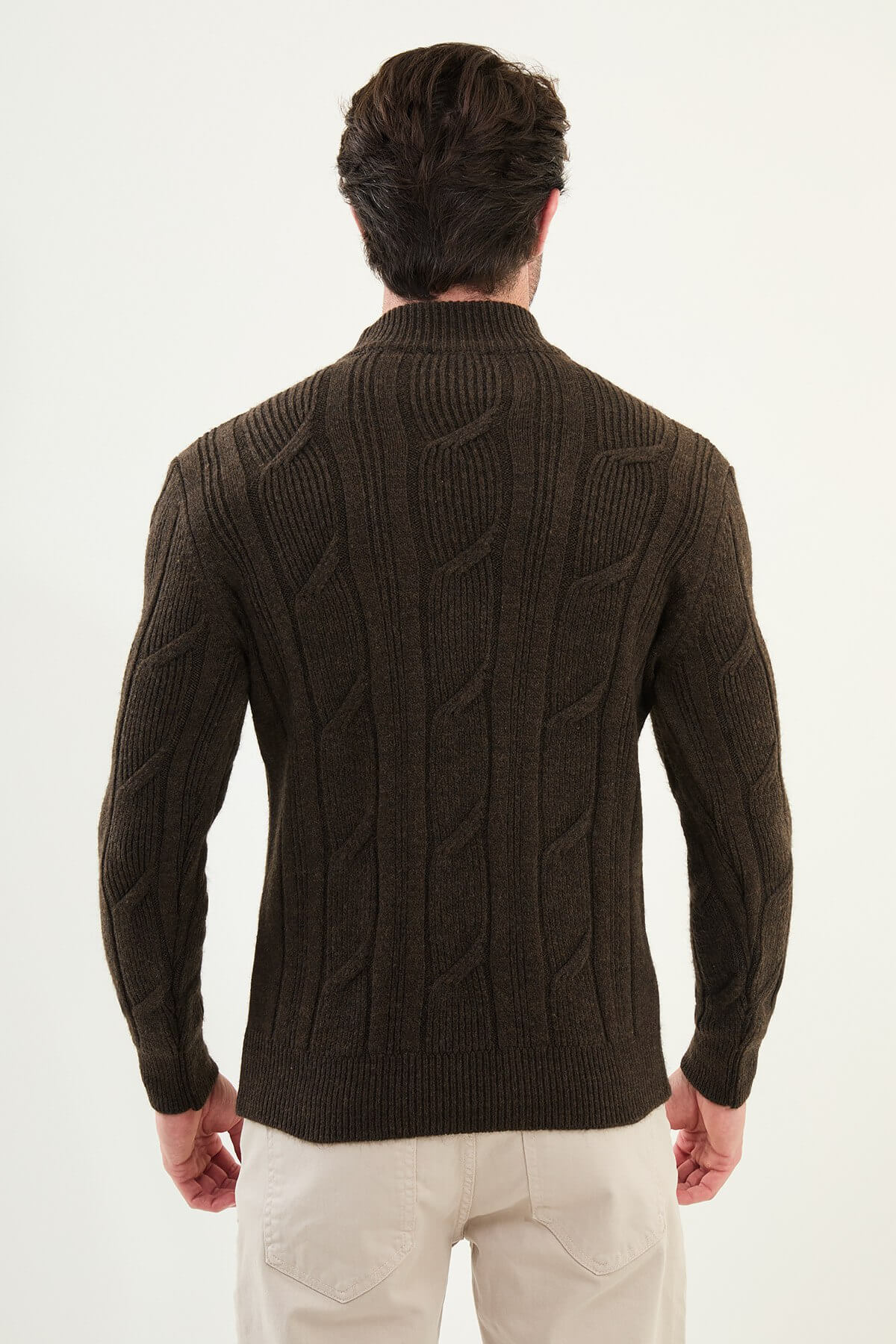 AXIST dark brown slim fit cable-knit mock neck sweater