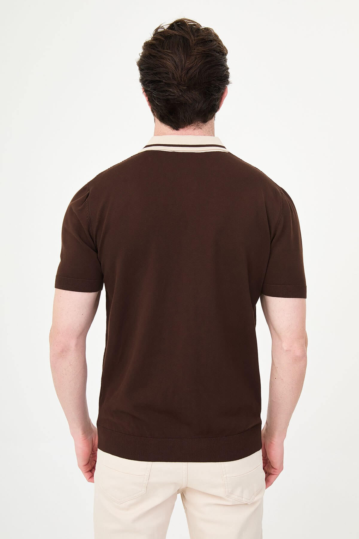 Men’s brown short sleeve knit polo shirt with button front, contrast tipped collar, textured side panels, slim fit smart casual style