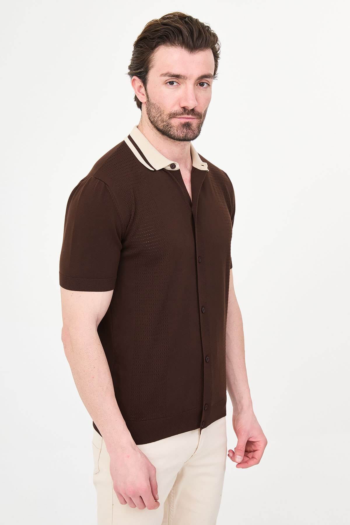 Men’s brown short sleeve knit polo shirt with button front, contrast tipped collar, textured side panels, slim fit smart casual style