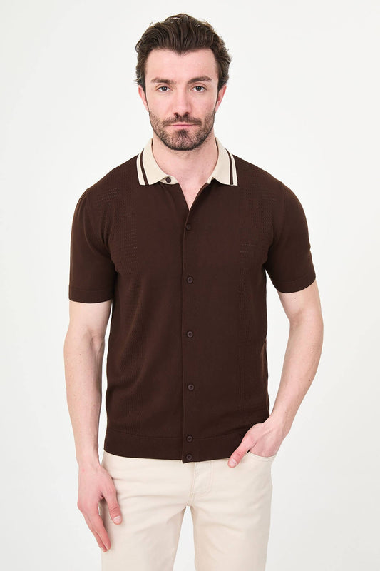 Men’s brown short sleeve knit polo shirt with button front, contrast tipped collar, textured side panels, slim fit smart casual style