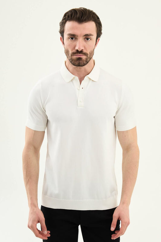Men’s ecru slim fit cotton polo shirt with short sleeves, lightweight breathable fabric, clean minimal casual style