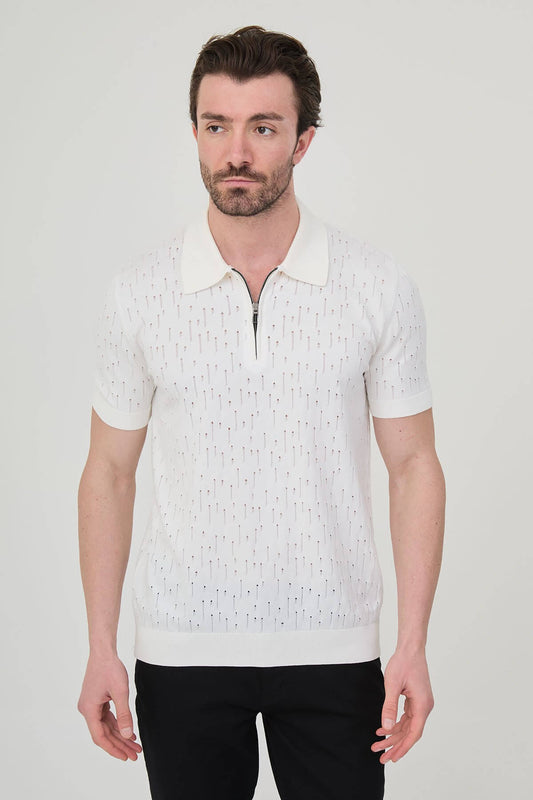 Men’s ecru slim fit polo collar zippered knit t-shirt with short sleeves, breathable viscose stretch fabric, smart casual style