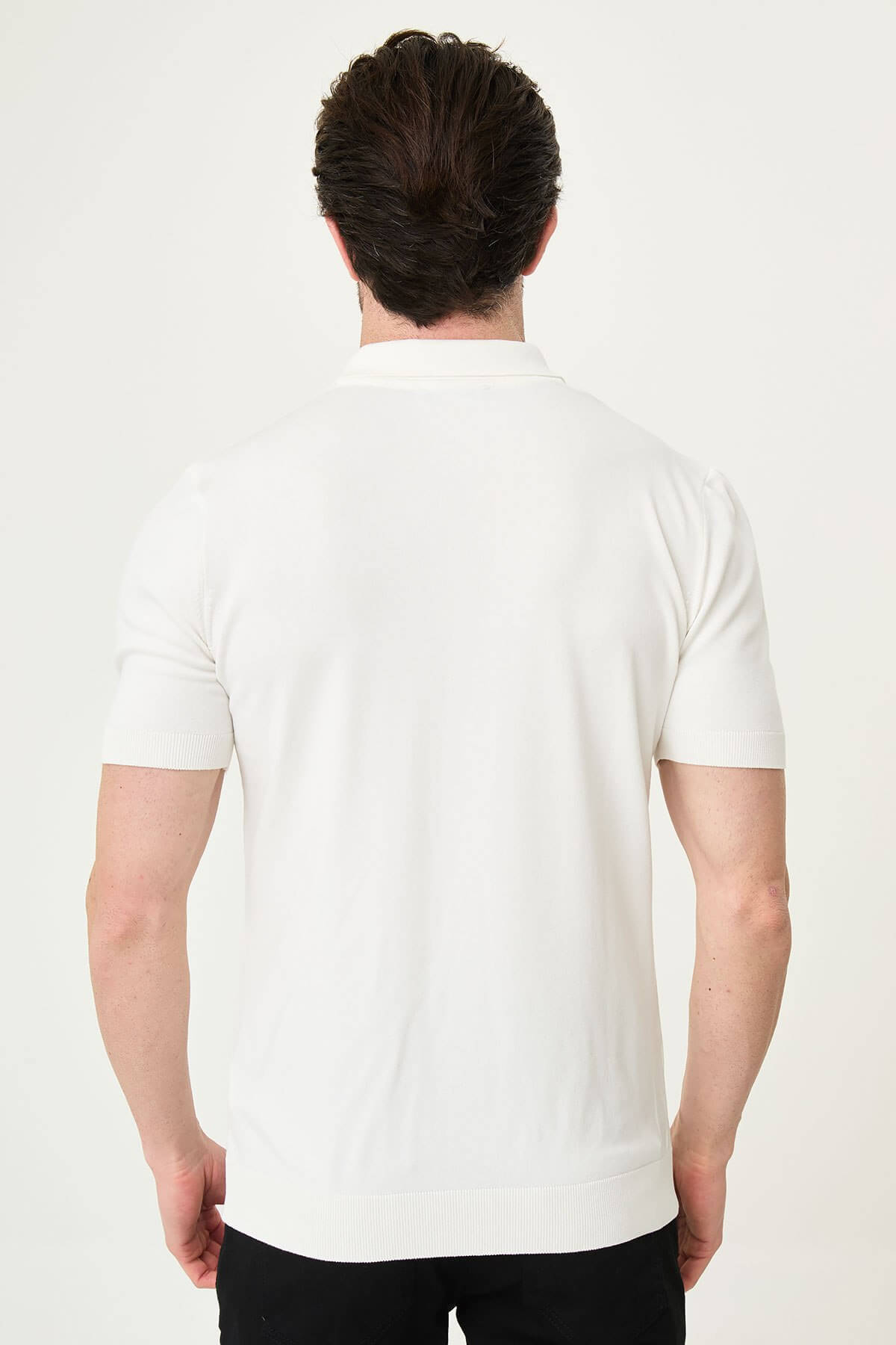 Men’s ecru slim fit short sleeve knitwear shirt with button-up front, lightweight viscose fabric, modern smart casual style